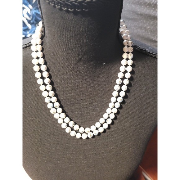 Jewelry - Vintage White Porcelain Floral Beaded Necklace Blue Gold Flower 42 Inch Strand